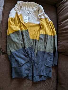 Sonoma Striped Open Cardigan in Mustard, Cream, Gray